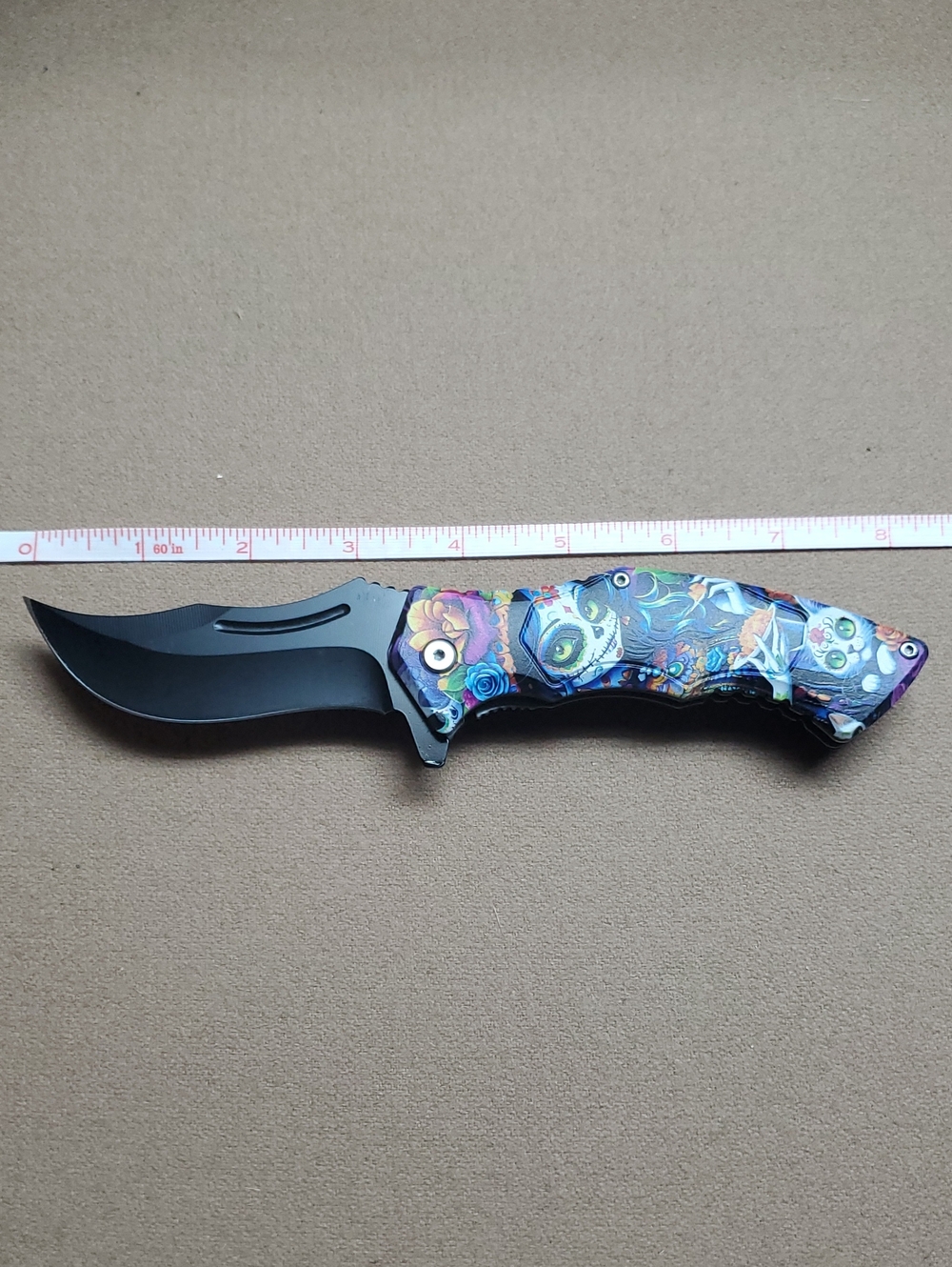 Men's Black Blade Folding Knife with Colorful Skull Handle